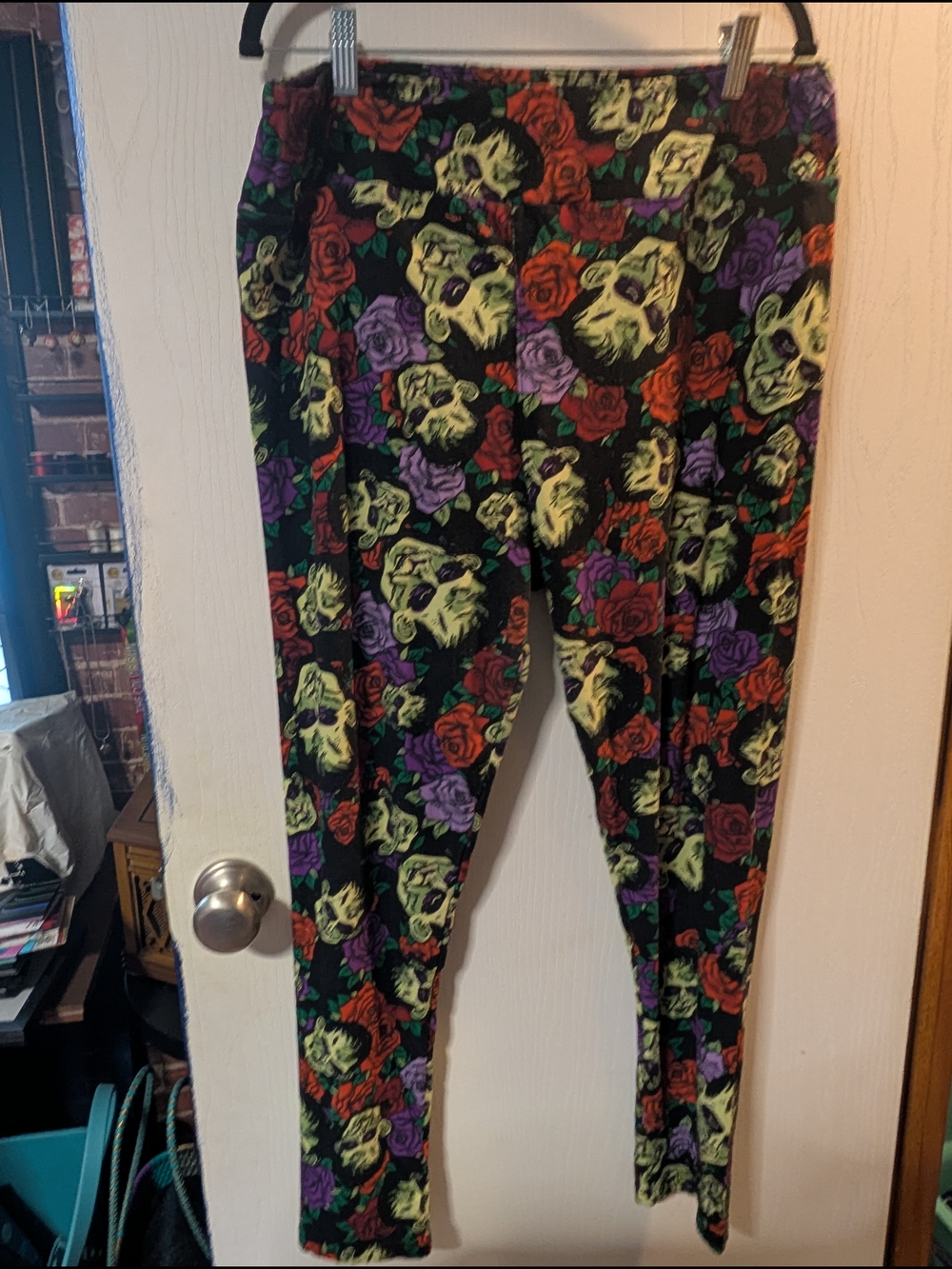 LuLaRoe Frankenstein & Rose Leggings - Black, Green, Red & Purple (C103)